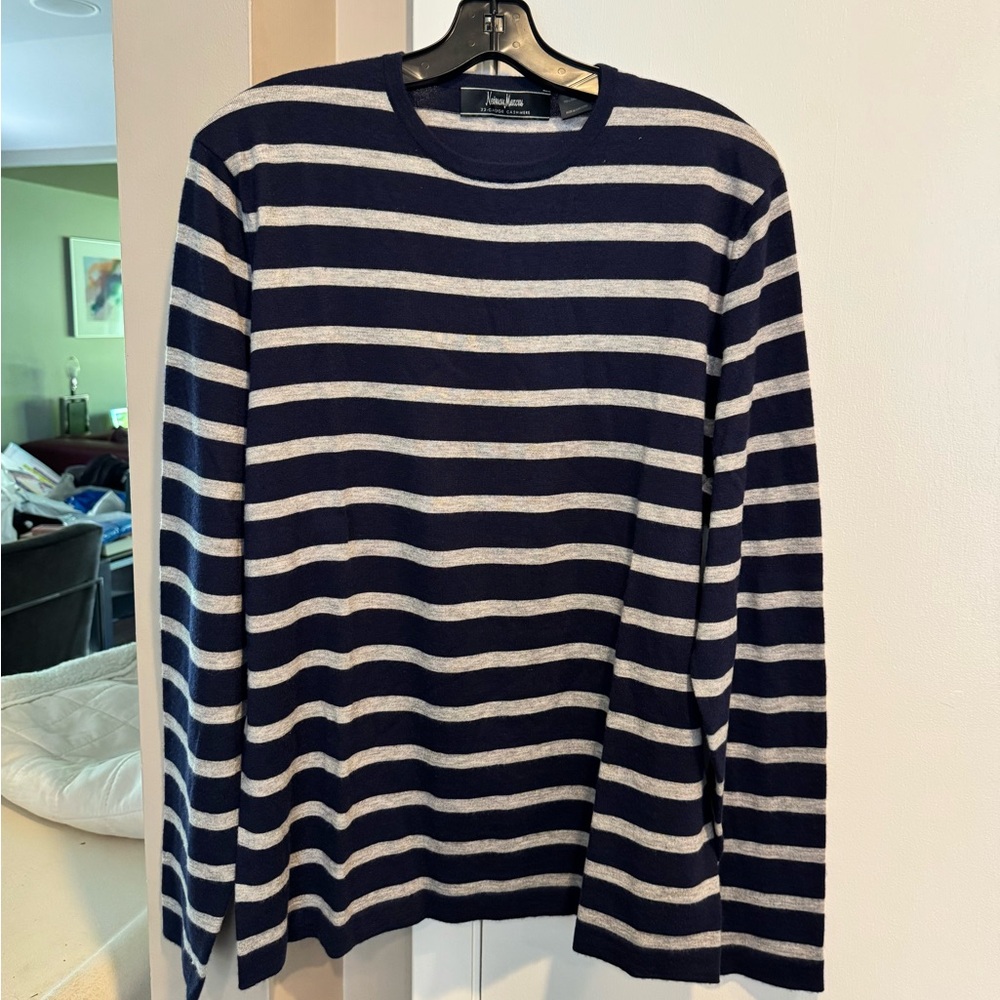 Neiman Marcus Navy and Gray Striped Crewneck Sweater